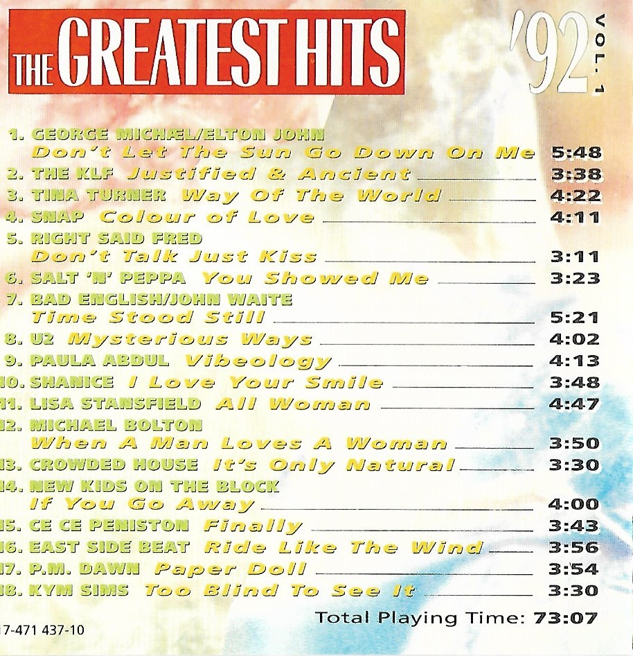The Greatest Hits 1992 Vol 1 : Back | CD Covers | Cover Century | Over ...